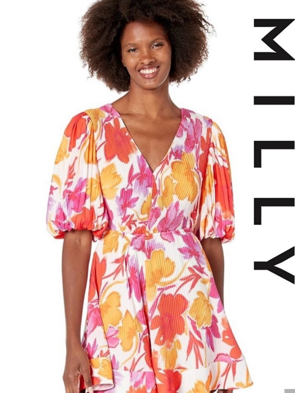 Milly Floral Puff-Sleeve V-Neck Mini Dress in Pink & Orange